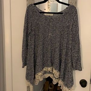 Vintage Havana Blue Sweater Top w/ Lace Hem